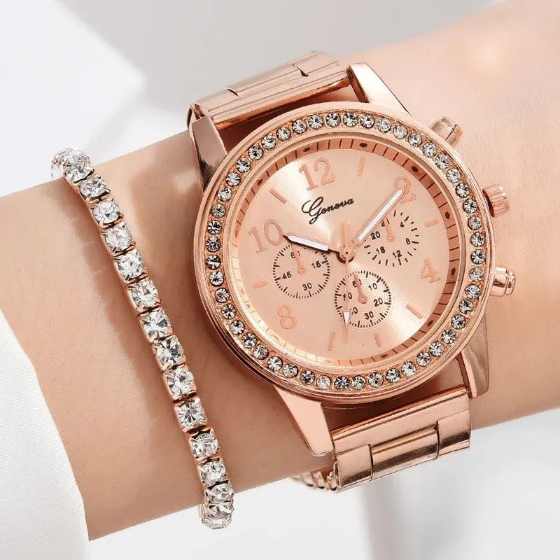 Women's casual quartz watch suit with 36mm dial, 8mm alloy watchcase, bracelet, earrings, necklace, and ring in silver, rose gold, or gold