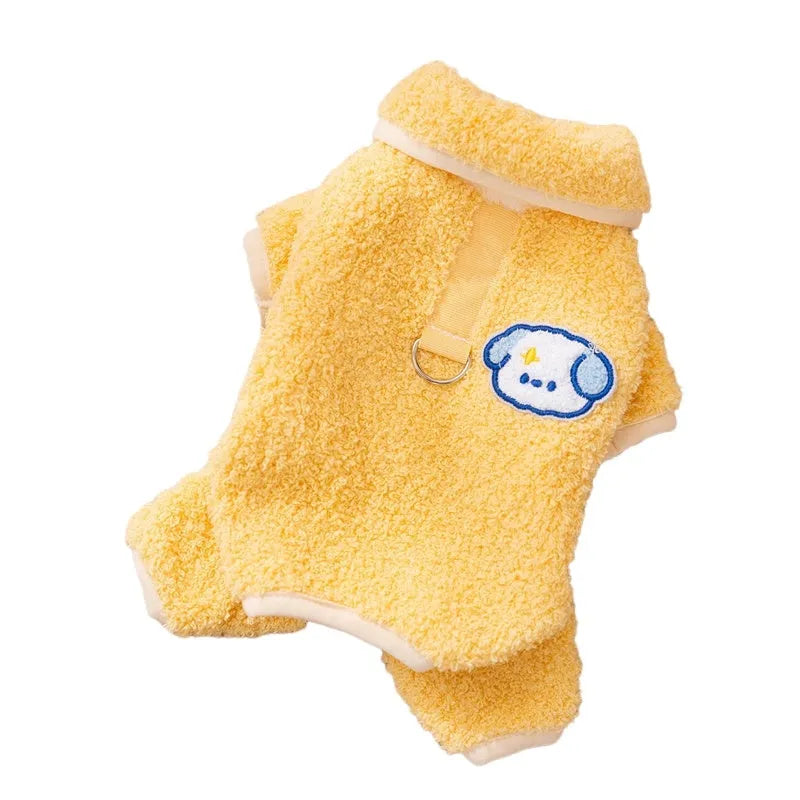 Yellow thick plush dog pajamas one-piece winter pet coat with lapel front for puppies and cats