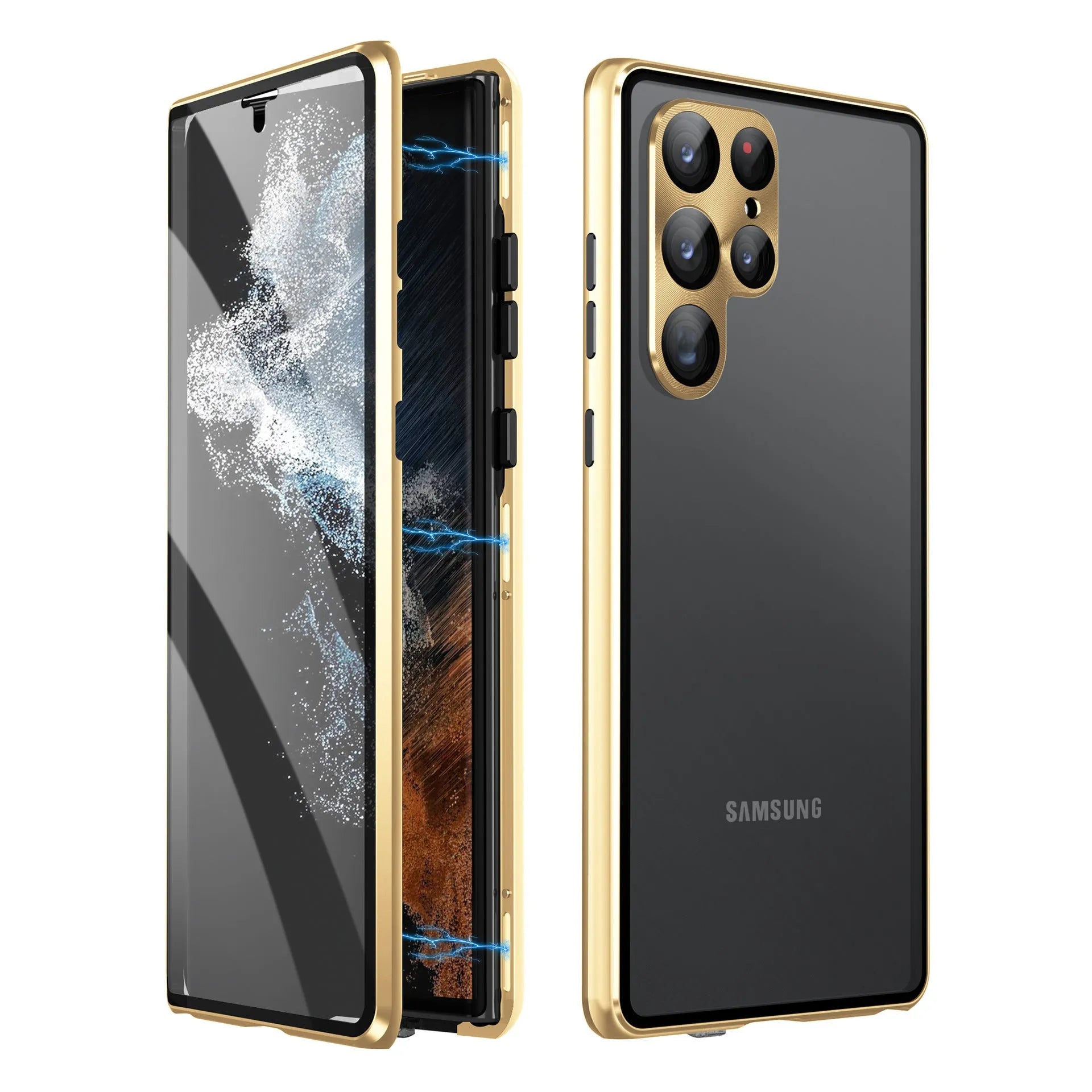 Metallic magnetic mirror phone case for Samsung S24 Ultra in various colours showing privacy screen.