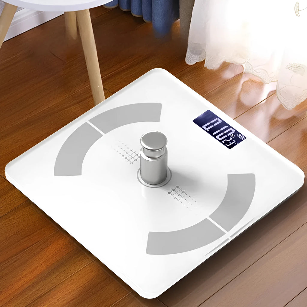 Smart Bluetooth body fat scale in white colour showing digital display with health metrics