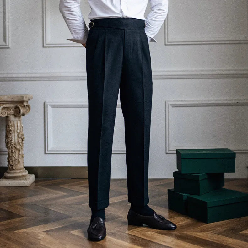 Men's high waist straight leg casual trousers in polyester fabric shown in black, brown, khaki, or white.