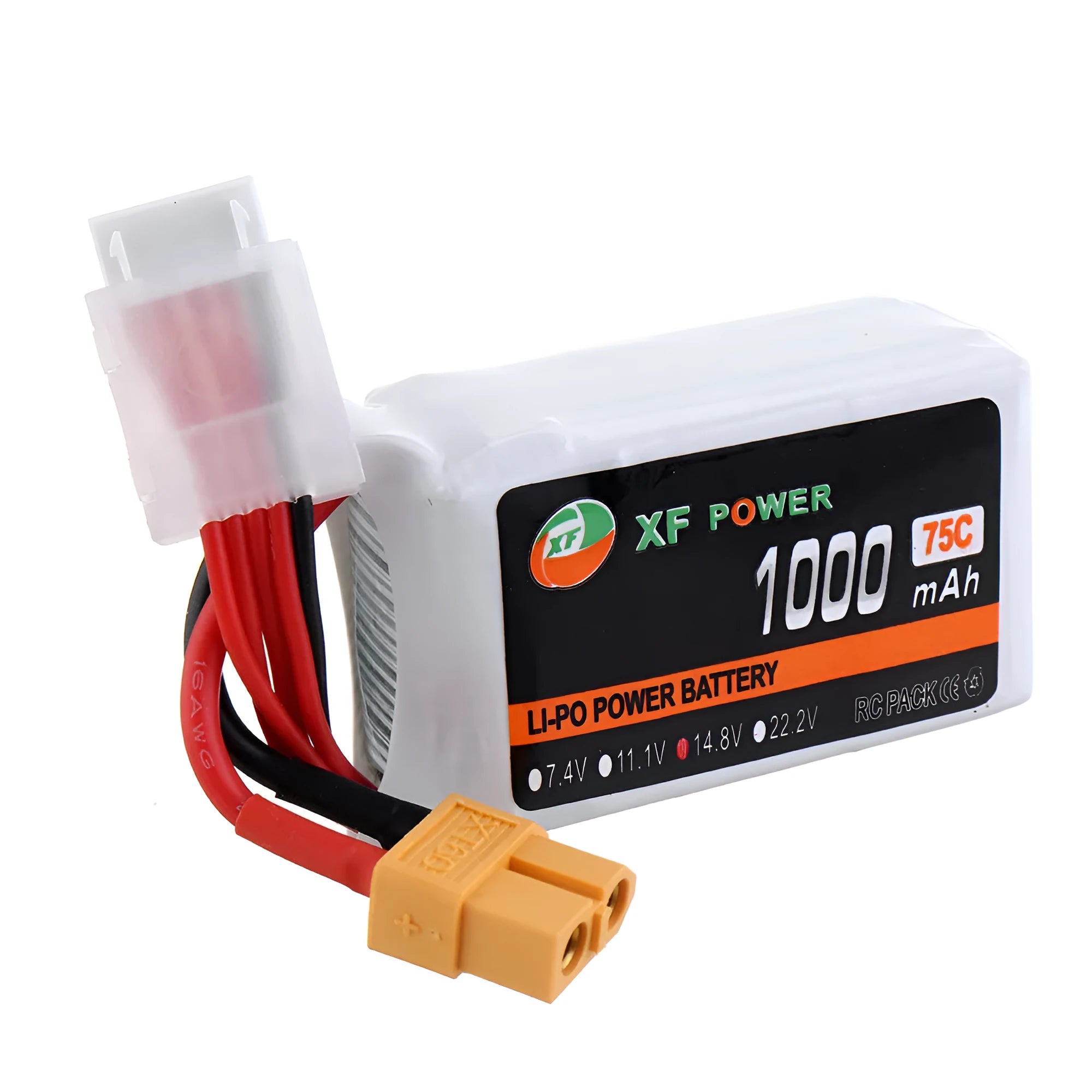 XF Power 14.8V 1000mAh 75C 4S graphene lithium polymer drone battery with black XT60 connector.