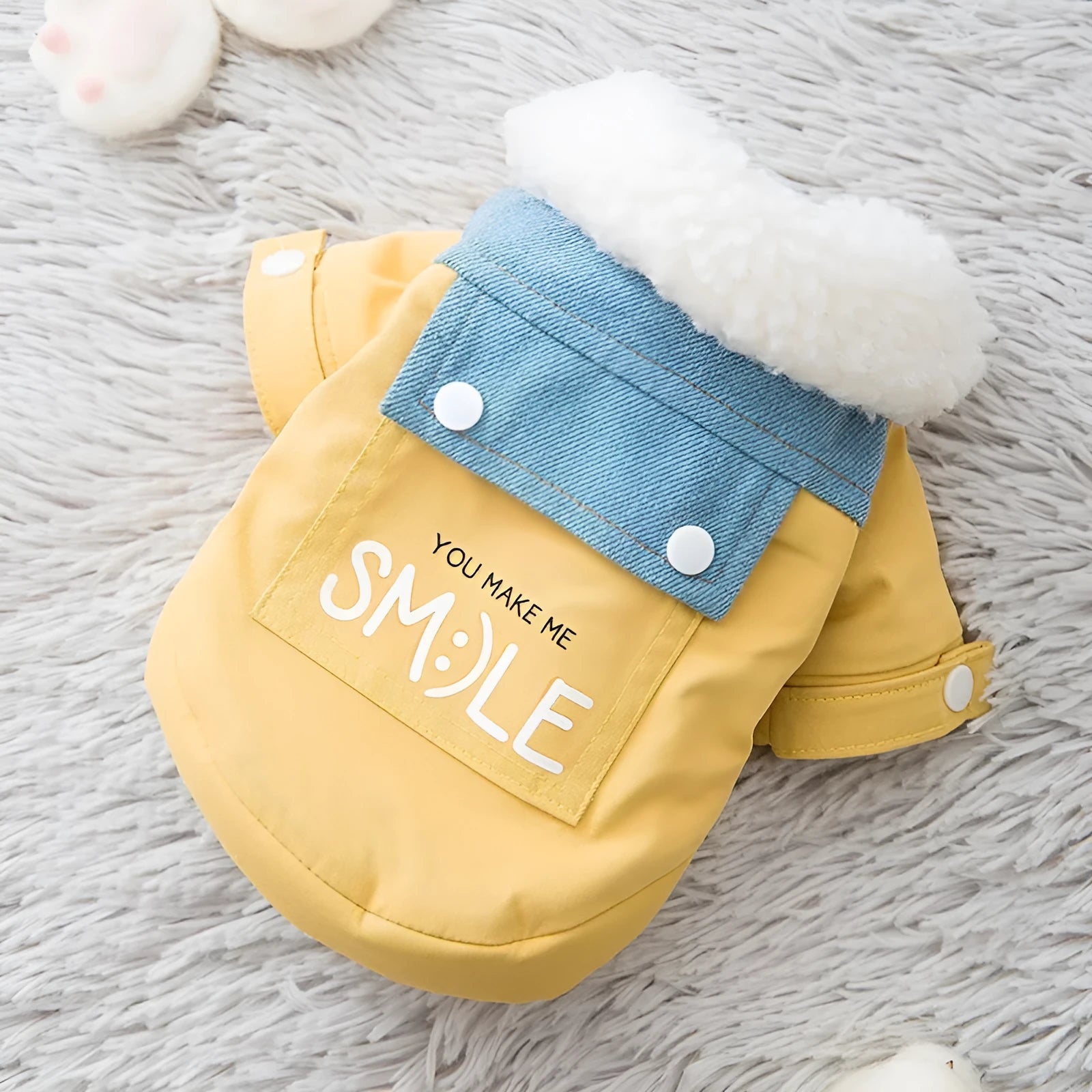 Yellow denim patchwork puppy coat for small to medium dogs with Sherpa fleece lining