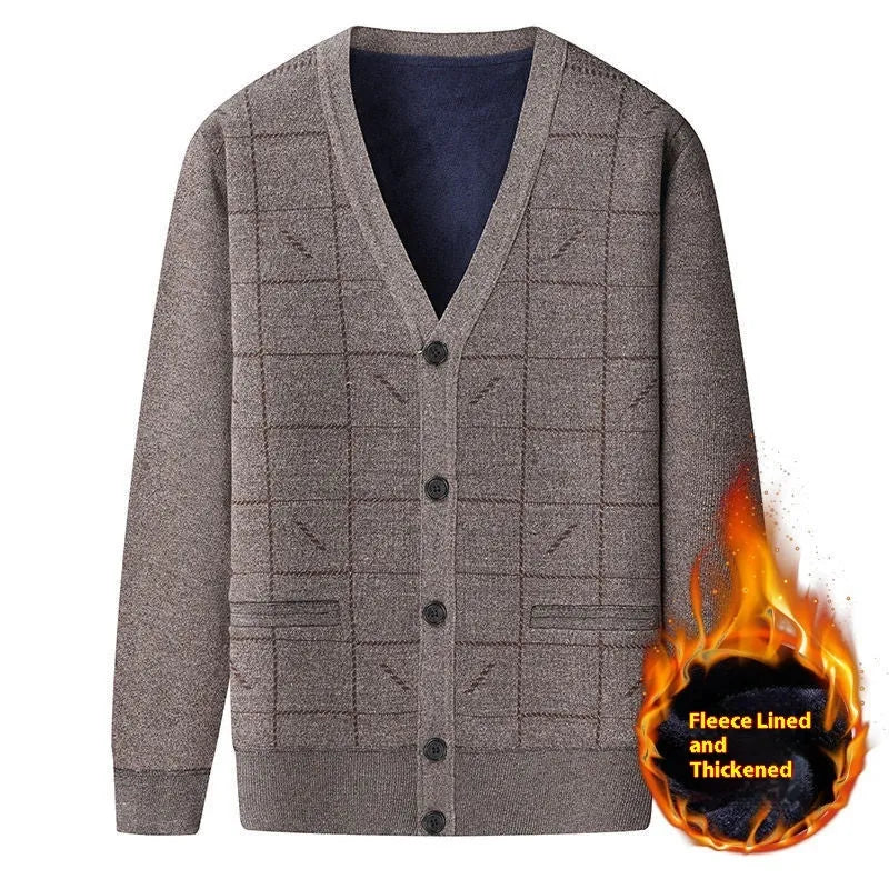 Middle-aged man wearing grey batwing sleeve cardigan with velvet lining for autumn winter casual wear