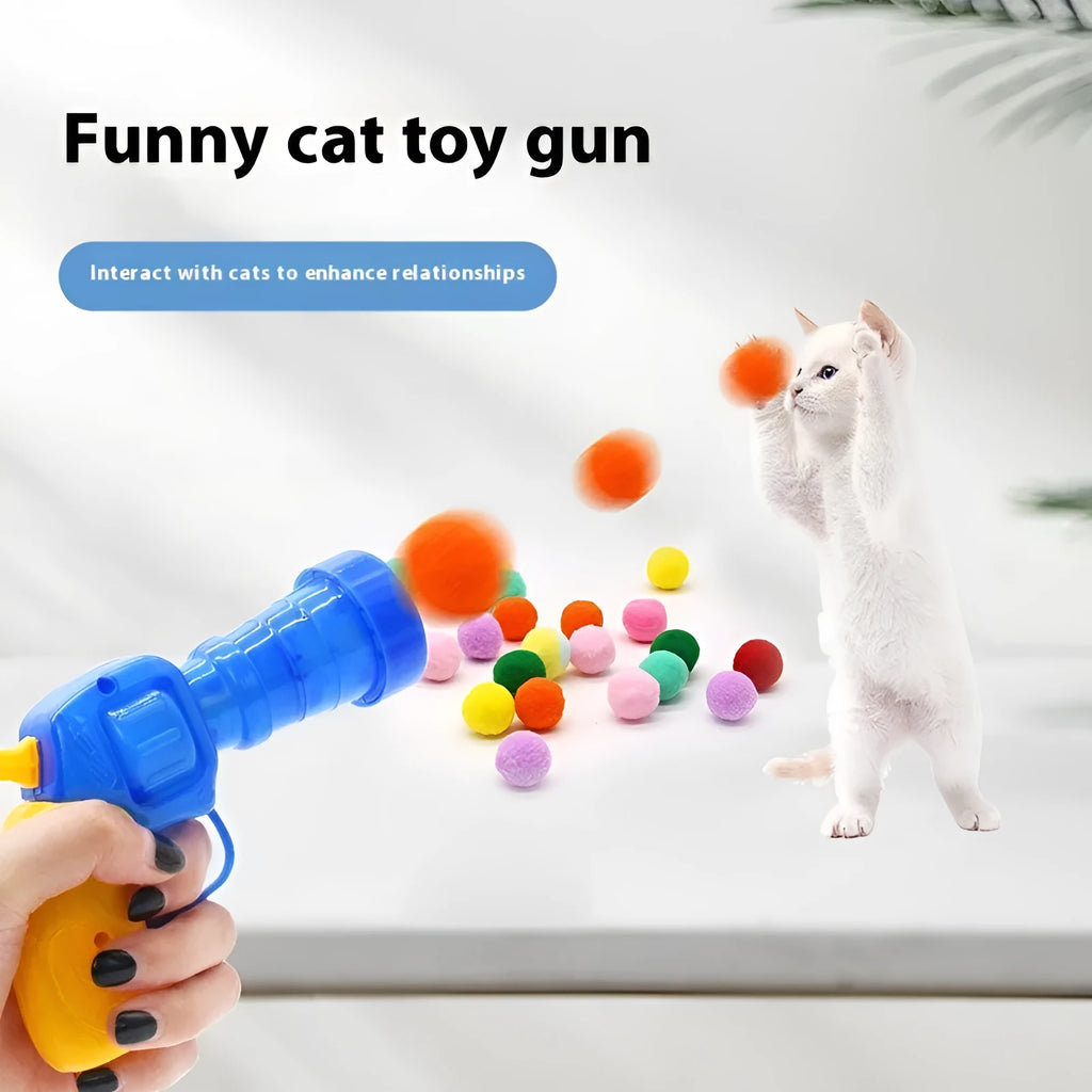 Interactive pet toy gun with multiple plush yarn balls for dogs and cats