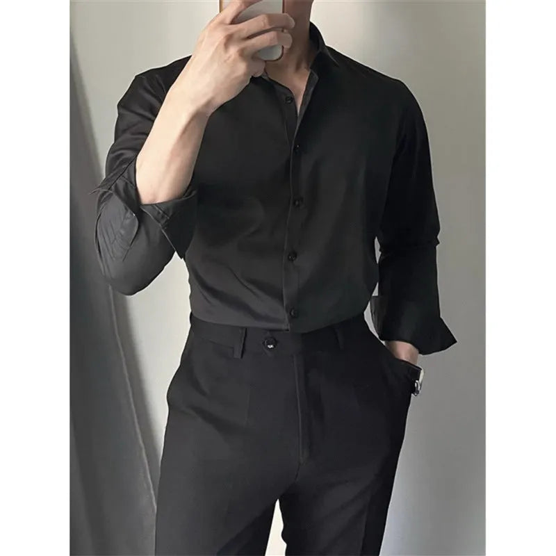 Men's Korean slim fit leisure shirt in chemical fibre blend fabric available in white, black and dark grey