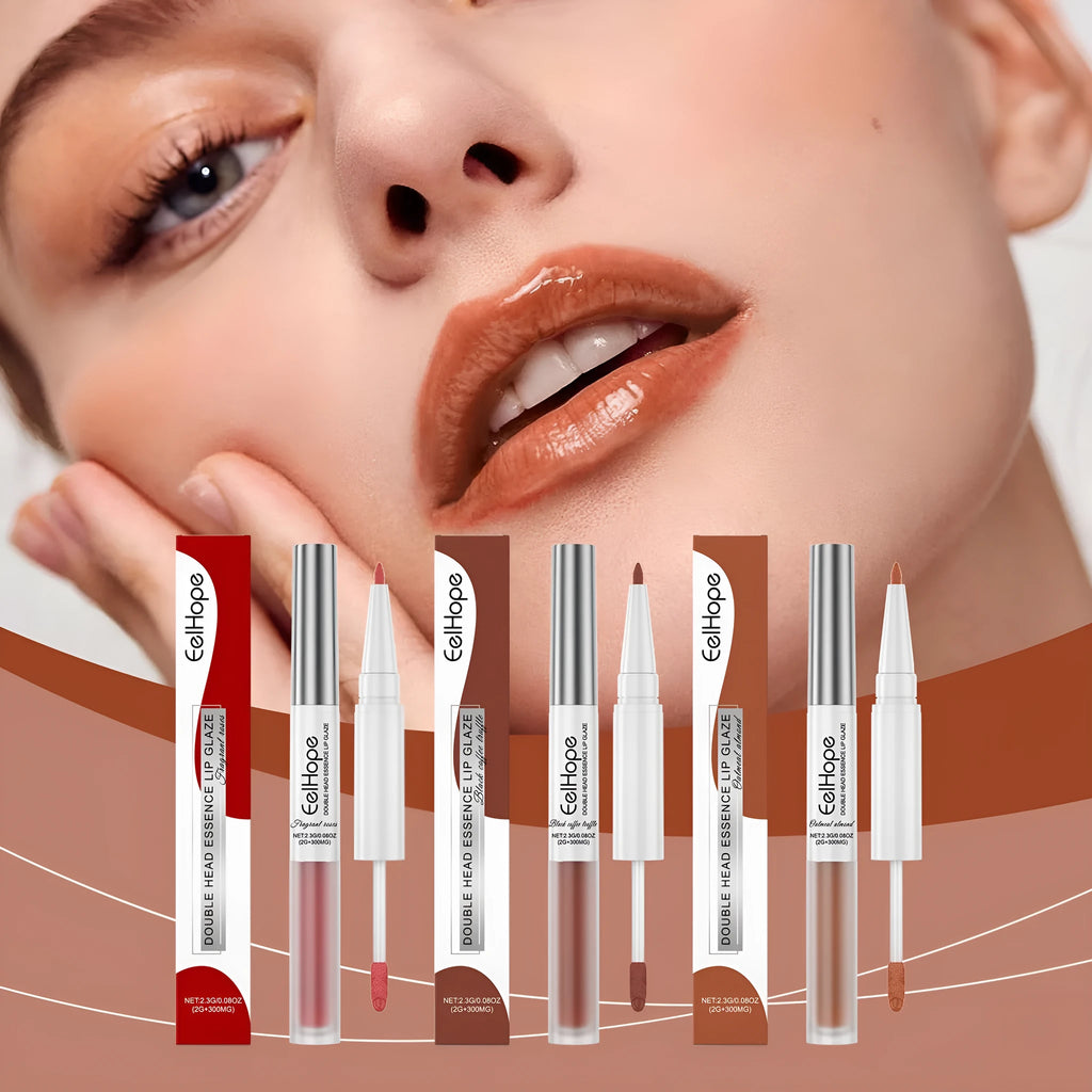 Double-headed lip pen showing lip liner on one end and liquid lacquer applicator on the other