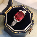 Square heart ring for women with red corundum and zircon stones on an electroplated copper band, sizes 6-10