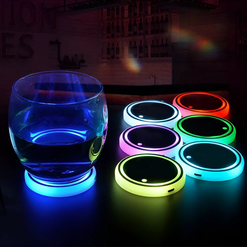 Car cup holder LED light-up coaster showing 7-colour illumination in automotive drink holder