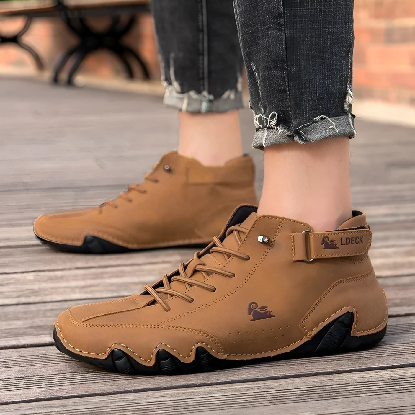 Men's octopus high top ankle boots in khaki with a rubber sole and microfiber upper.