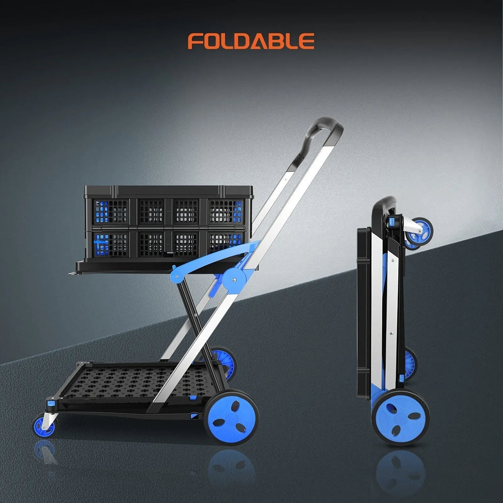 Blue foldable shopping trolley with two plastic baskets, shown upright and collapsed.