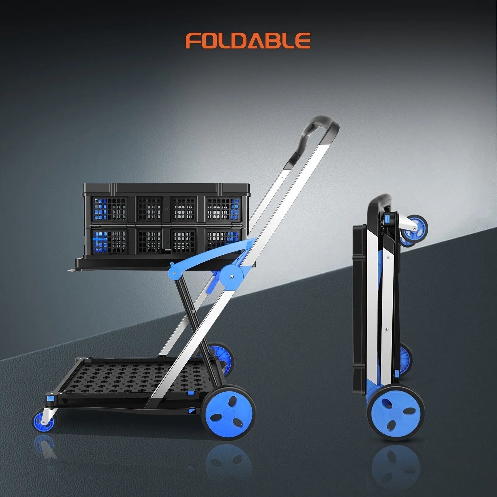 Blue foldable shopping trolley with two plastic baskets, shown upright and collapsed.