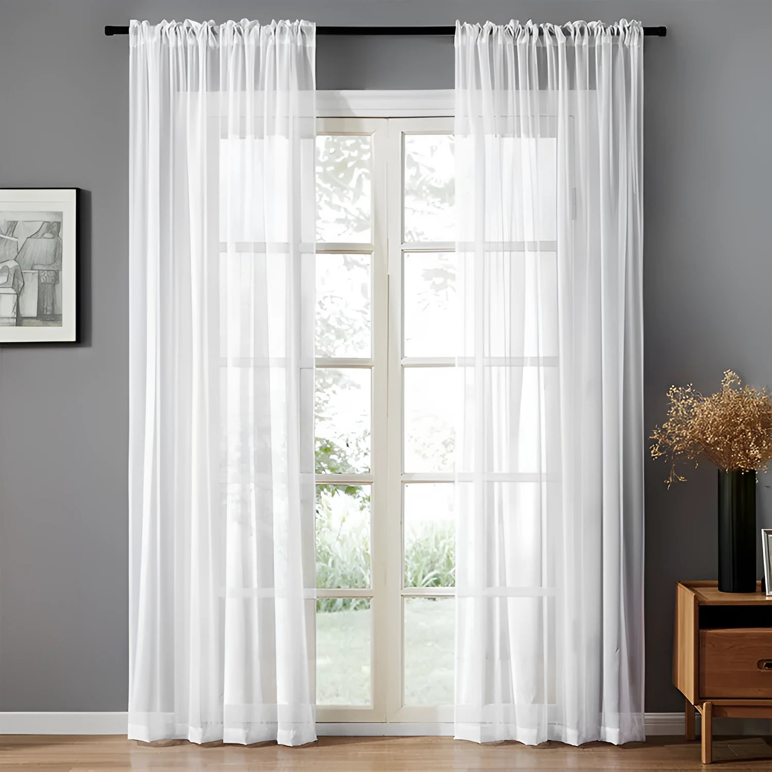 Black modern simple vertical cotton linen blend perforated curtain measuring 150cm by 250cm