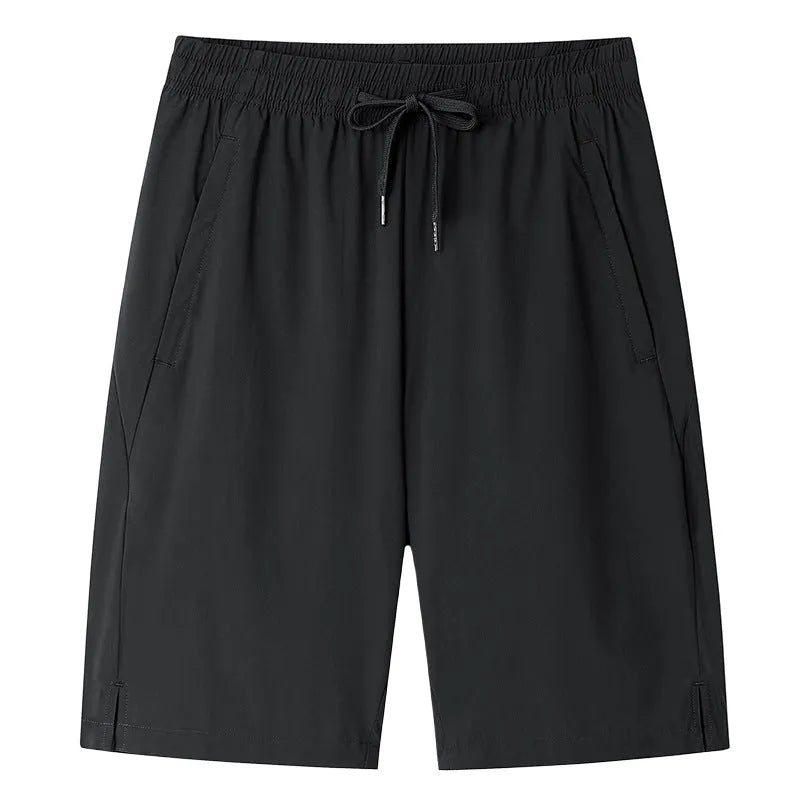 Men's ice silk nylon bermuda shorts in black with high elasticity, straight leg, sizes M to 4XL