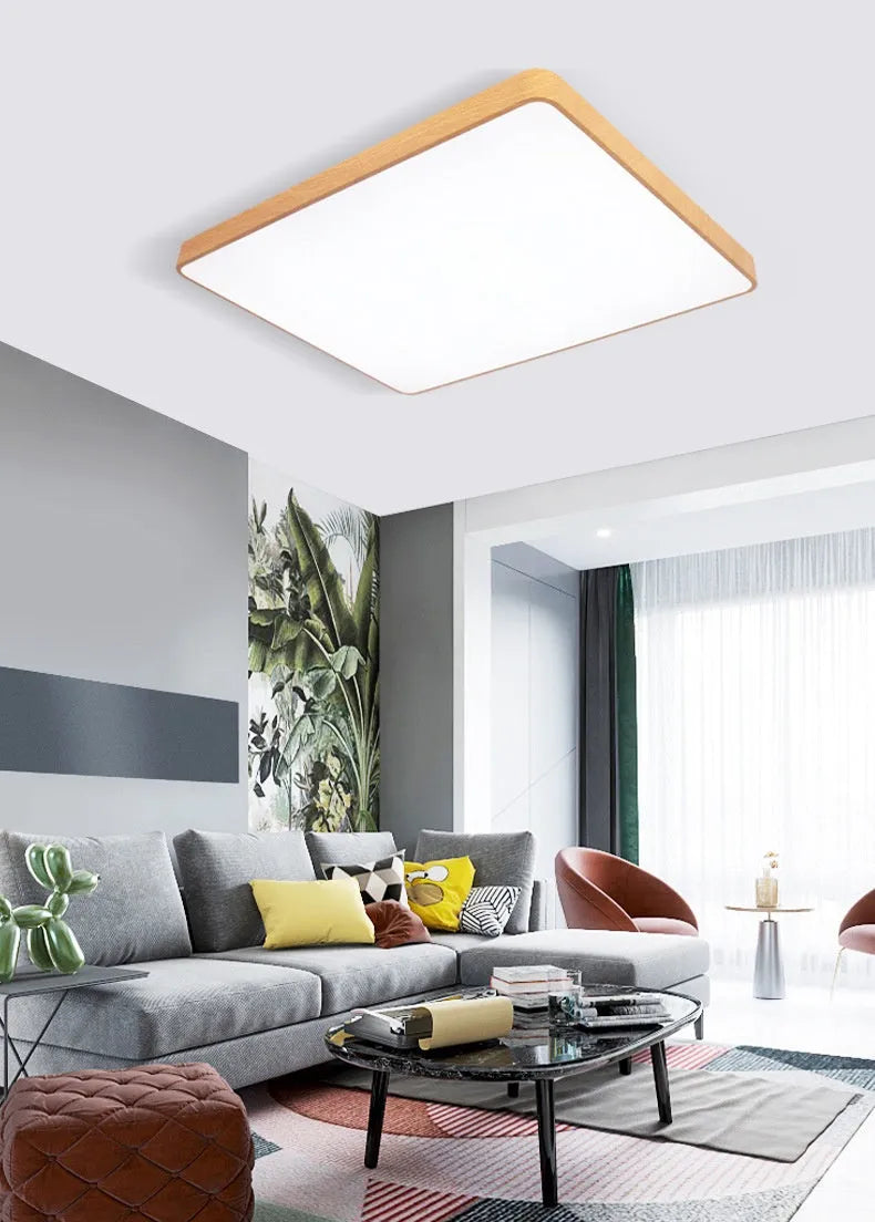 Nordic LED bedroom light with iron art frame in wood grain colour, showing square design and modern simplicity style