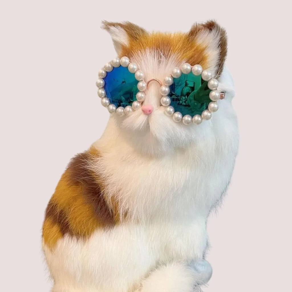 Round pearl-rimmed sunglasses for a cat or dog, shown in multiple colours including black, blue, and orange.