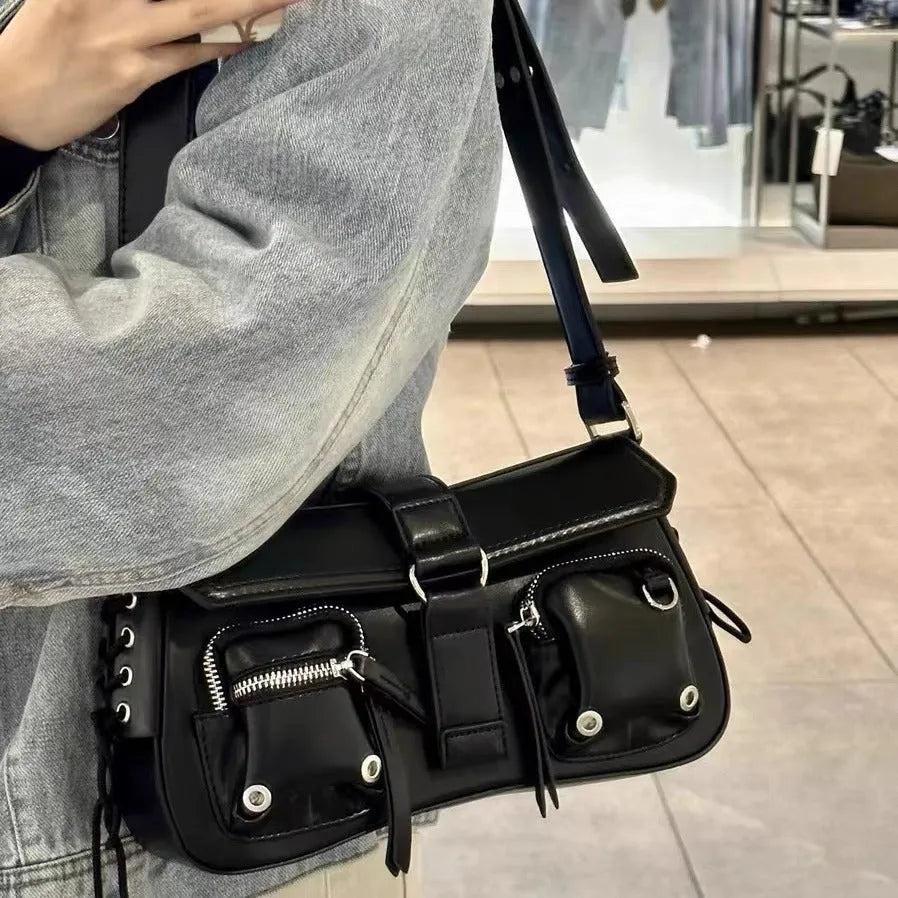 Black PU leather women's baguette messenger bag with adjustable strap
