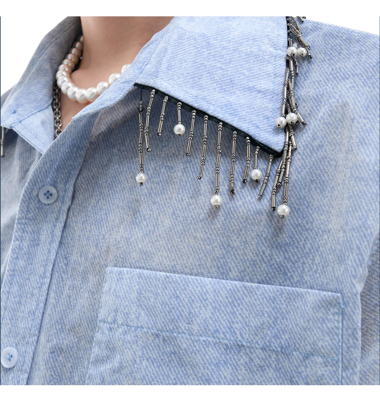 Men's loose fit blue and white gradient short sleeve shirt on hanger