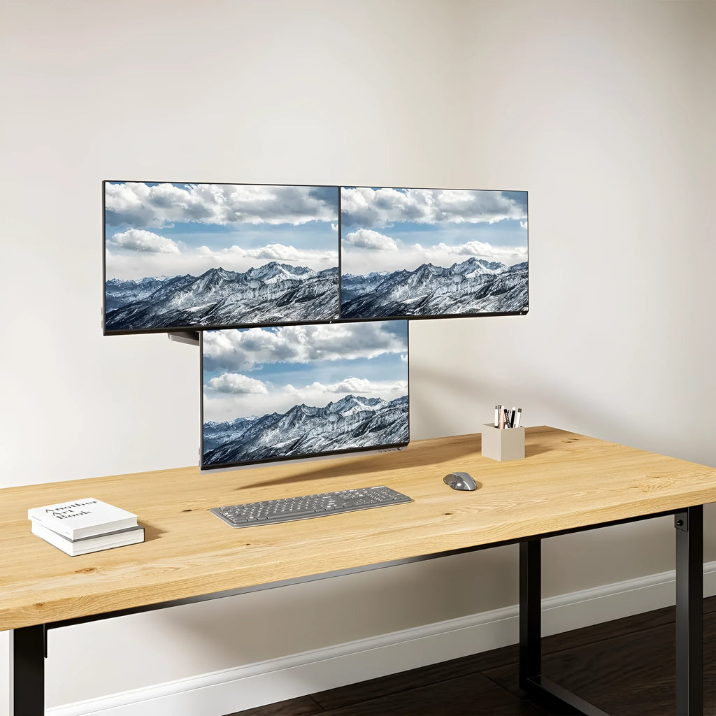 Black aluminium alloy triple-arm gas spring monitor arm for 27-inch screens