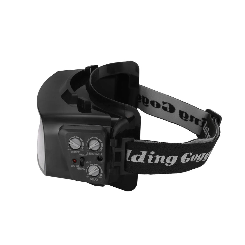 Black automatic darkening welding mask showing the large rectangular viewing lens.