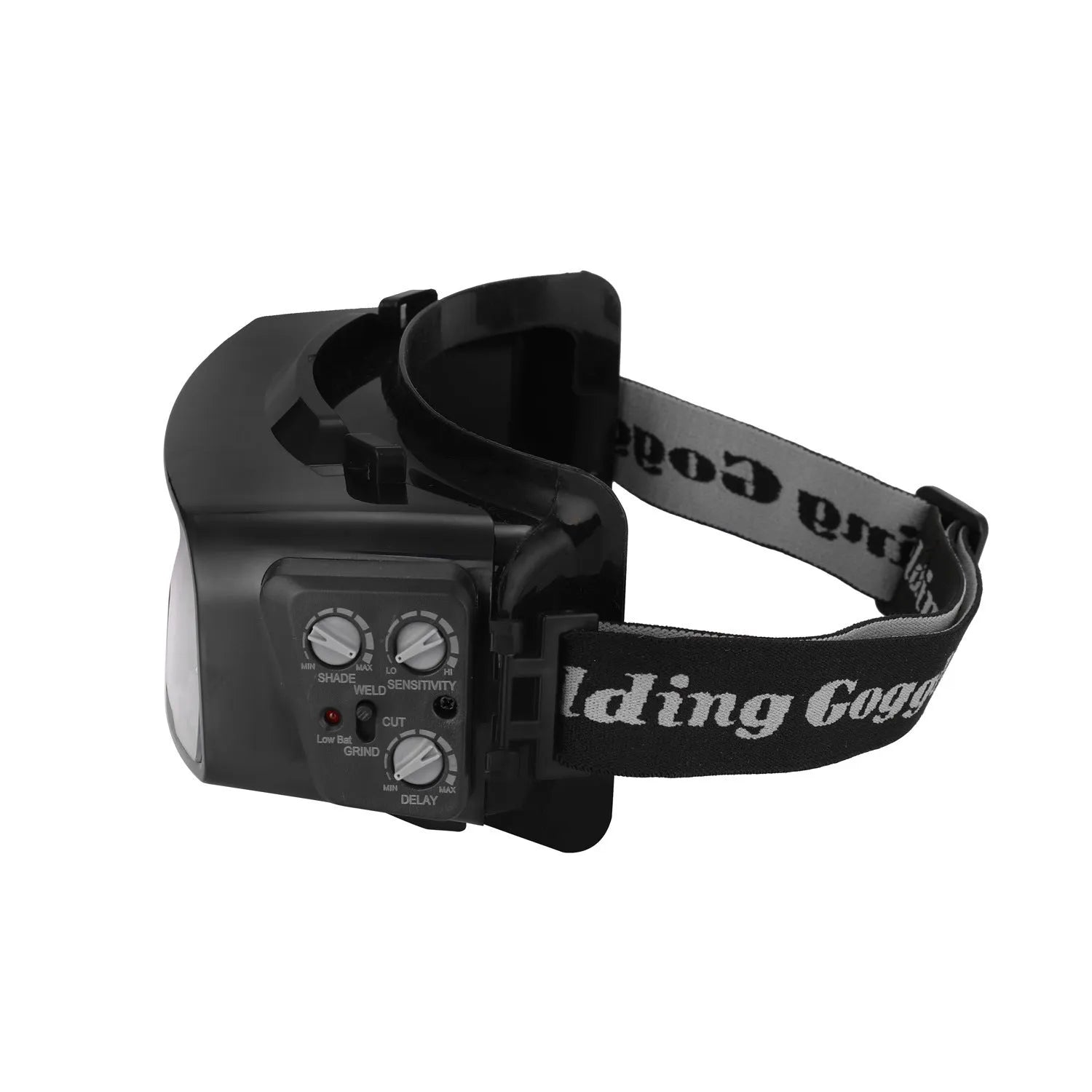 Black automatic darkening welding mask showing the large rectangular viewing lens.