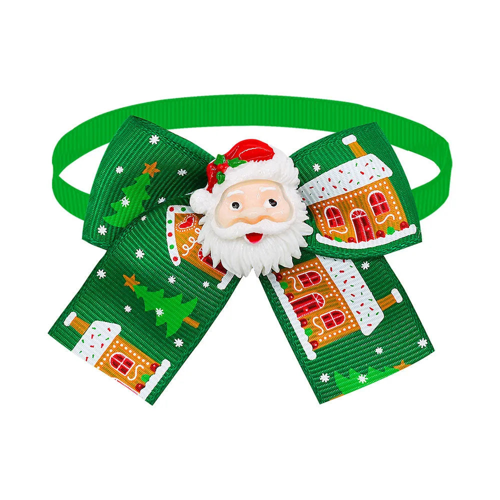Red and green polyester Christmas pet bow tie in British style on a white background