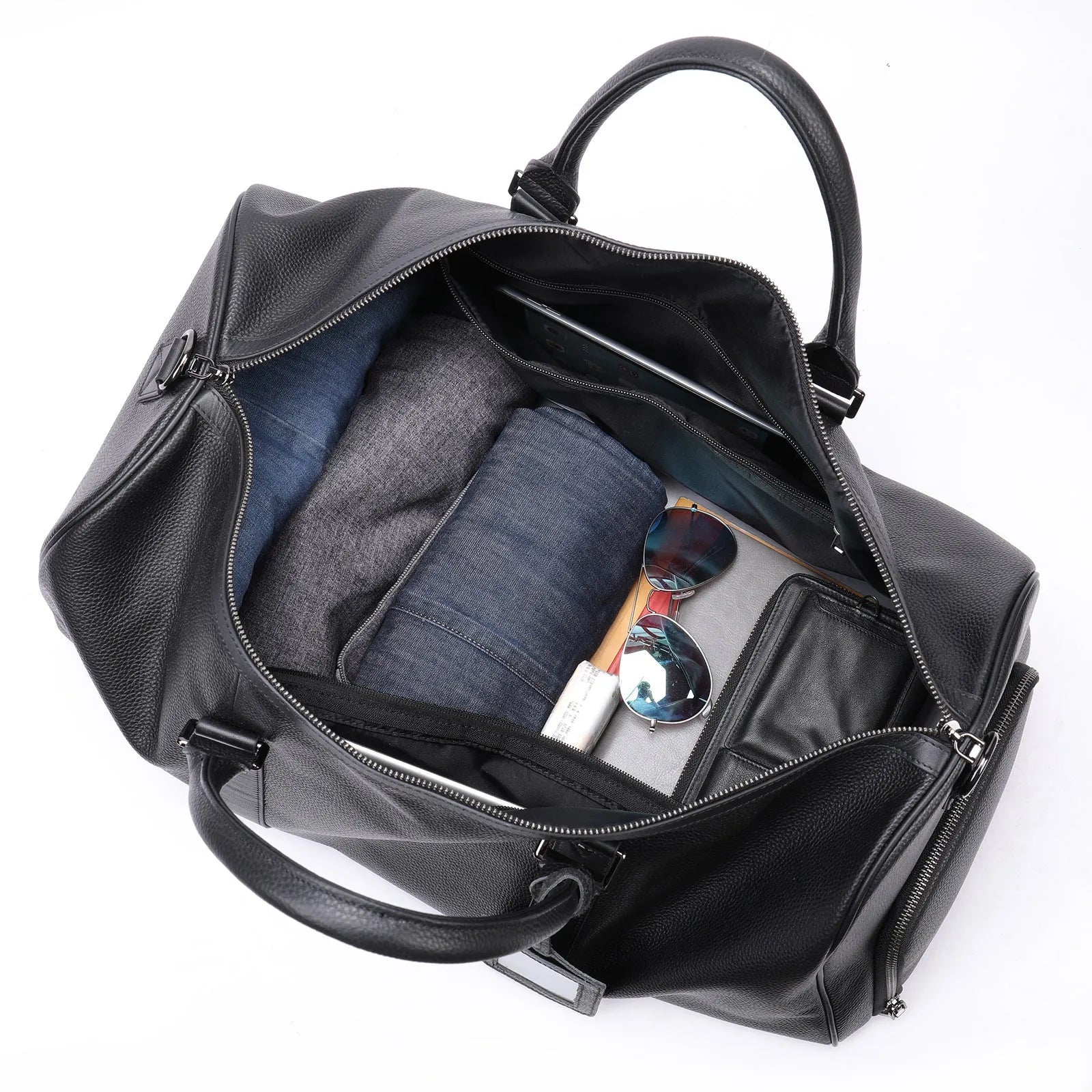 Men's large black leather tote bag with single shoulder strap