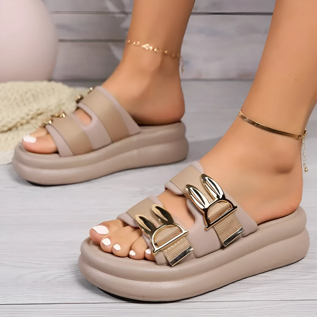 Women's thick bottom slippers in apricot, black and off white colours with suede upper