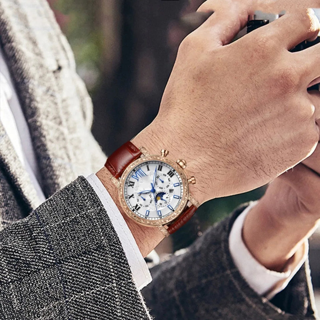 Men's automatic mechanical watch with hollow flywheel, night glow, lunar phase, and calendar on a brown leather strap
