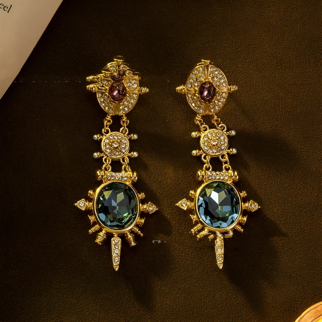 Gold retro geometry stud earrings with diamond cut treatment on alloy material