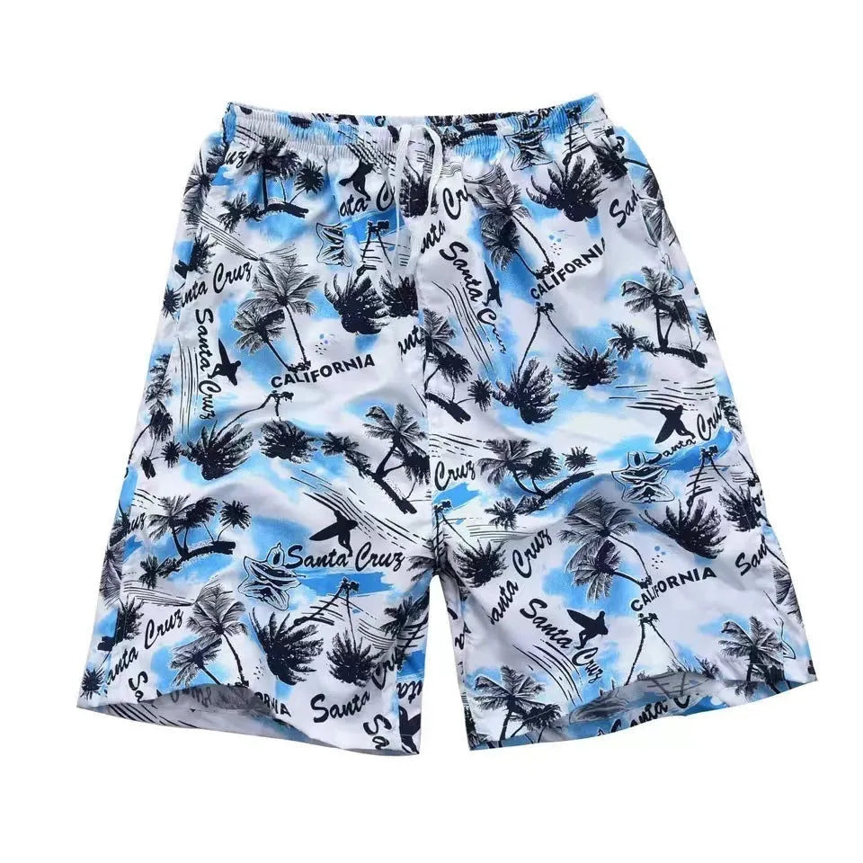 Men's floral print swimming trunks in polyester fabric shown in a free-size fit.