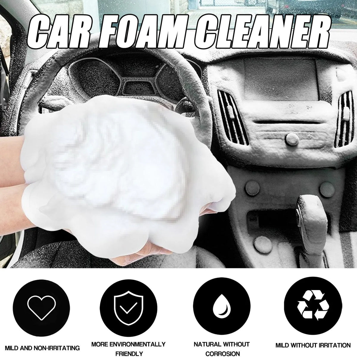 Car interior wash-free foamed cleaner 60ml bottle and foam sponge for upholstery and dashboard cleaning