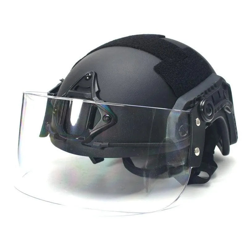 Transparent polycarbonate full face shield for safety helmet mounting.
