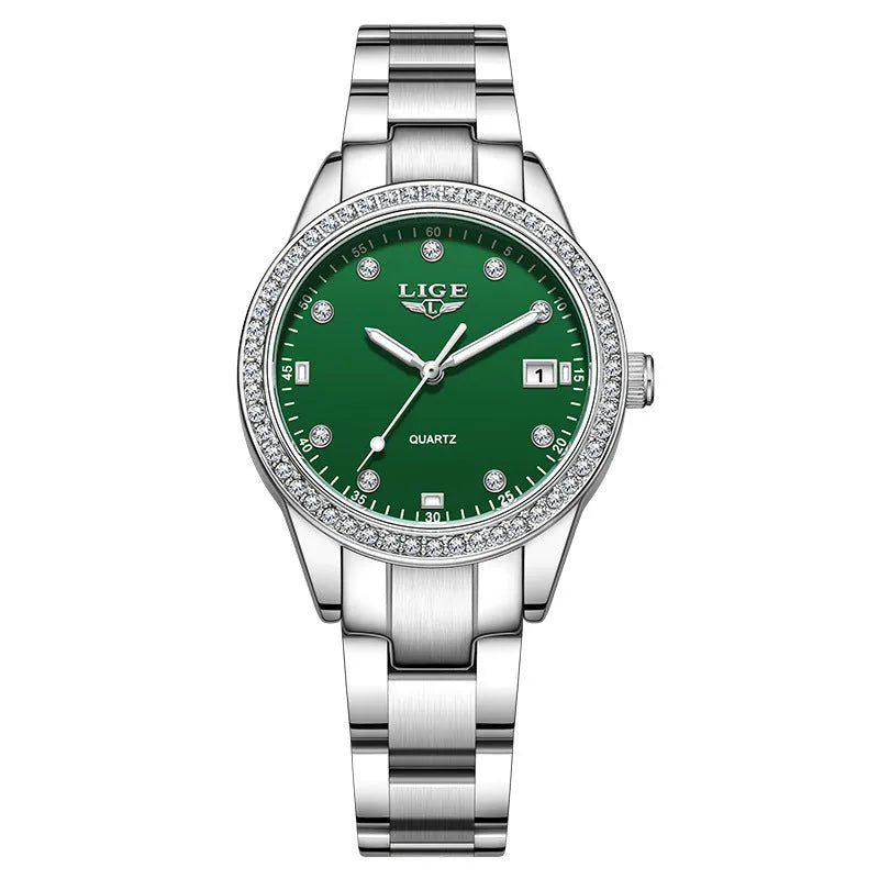 Silver Fashion Girl watch with round diamond-encrusted dial on stainless steel strap, showing luminous hands.