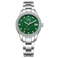 Silver Fashion Girl watch with round diamond-encrusted dial on stainless steel strap, showing luminous hands.