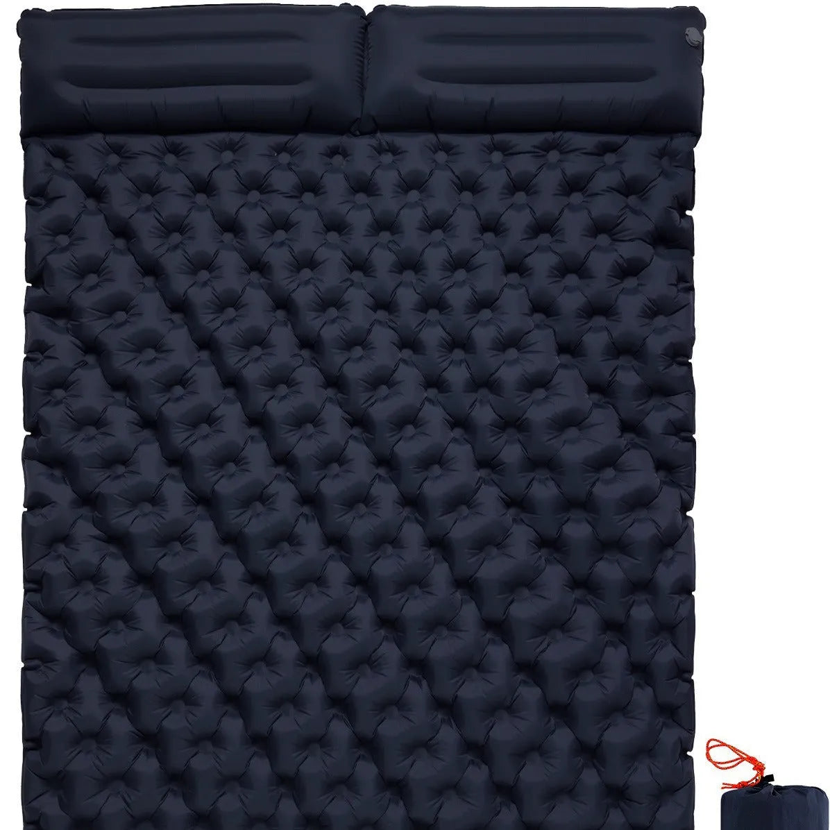 Dark blue double air mattress with built-in pump inflated on a floor, showing integrated pillow.