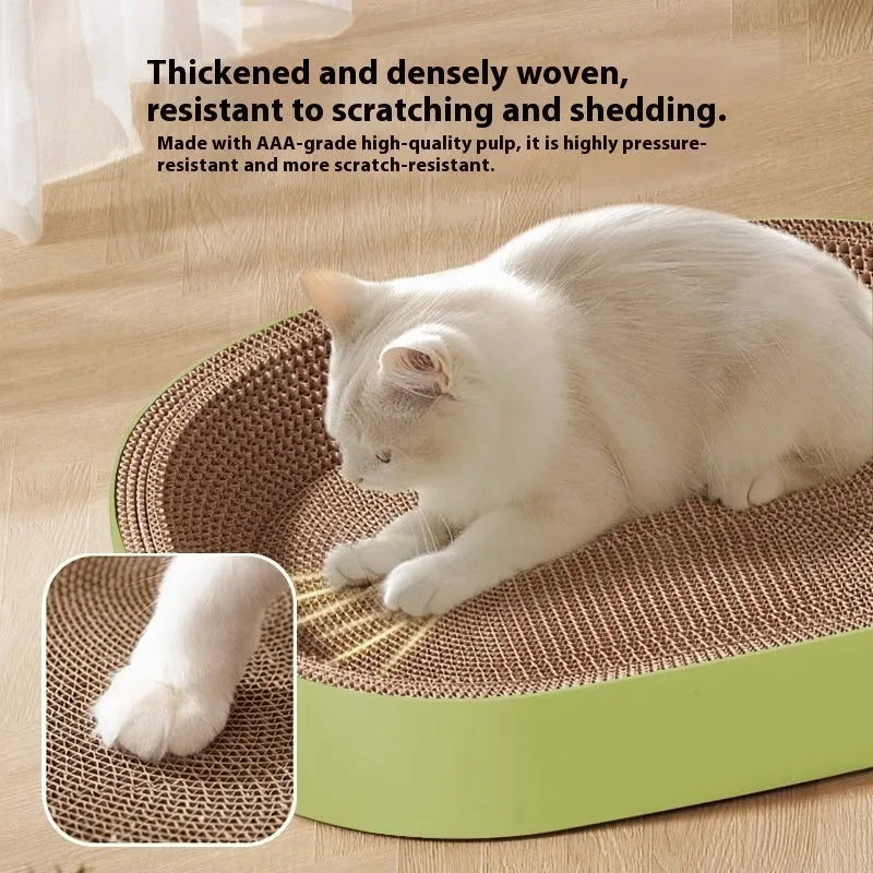 Green oval corrugated paper cat scratch nest showing textured surface and 55cm diameter.