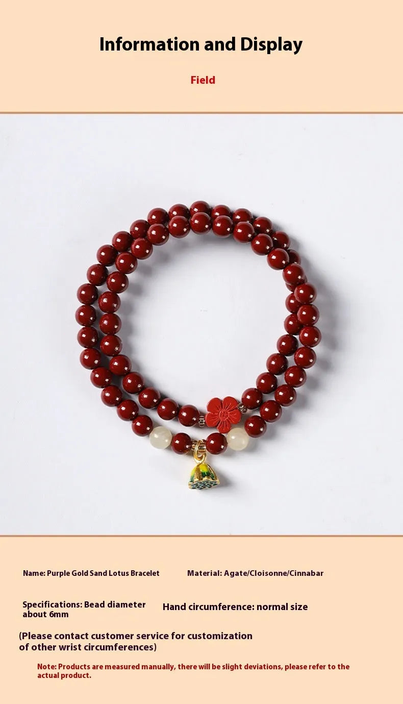 Purple gold sand hand-woven bracelet with 6mm beads in double circle design featuring lotus seedpod elements