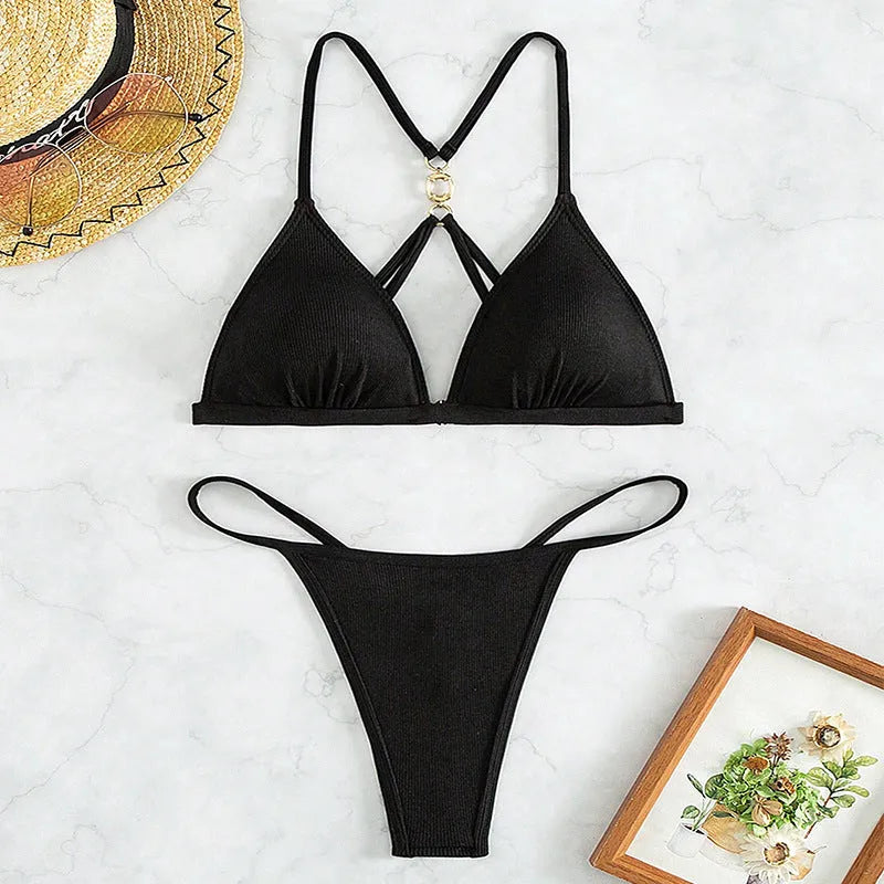 Black women's bikini with hollow back triangle top and adjustable tie-side briefs