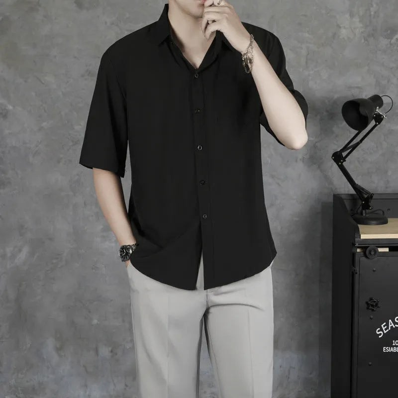 Men's solid colour short sleeve cotton blend casual shirt with loose fit in black white light green dark green sizes S to XXXL