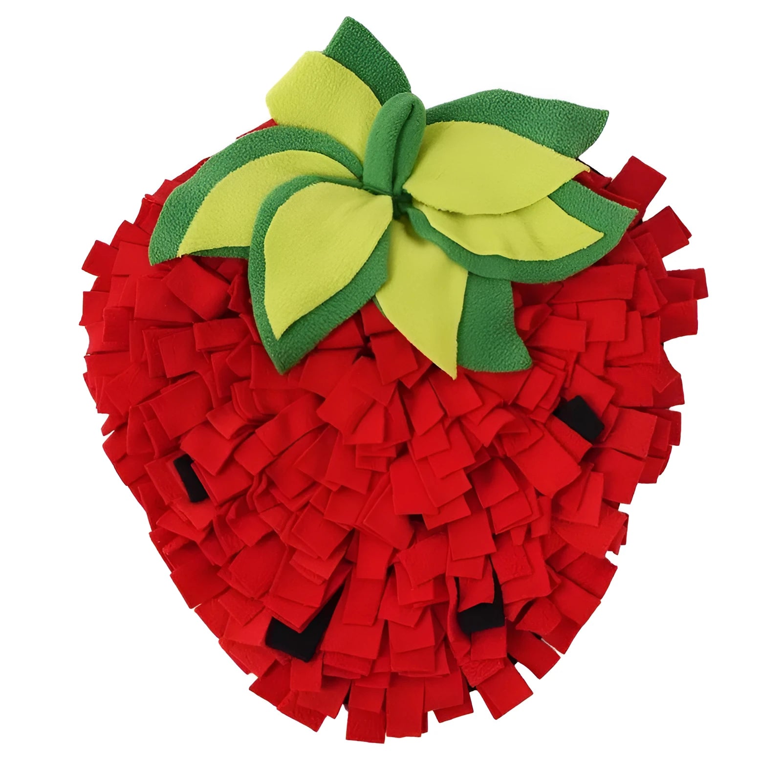 Red strawberry-shaped snuffle mat for dogs and cats as a slow feeder foraging toy.