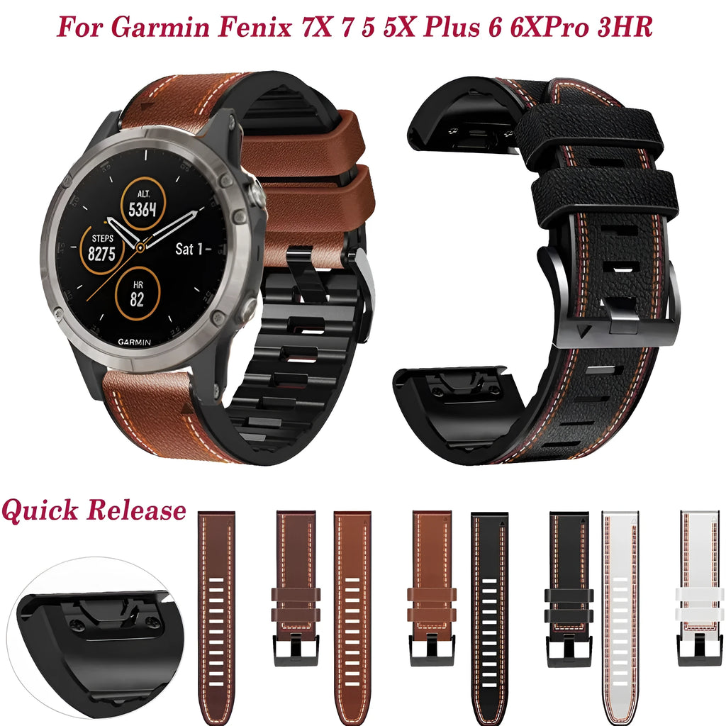 Silicone leather quick release watch strap for Garmin Fenix watch in black