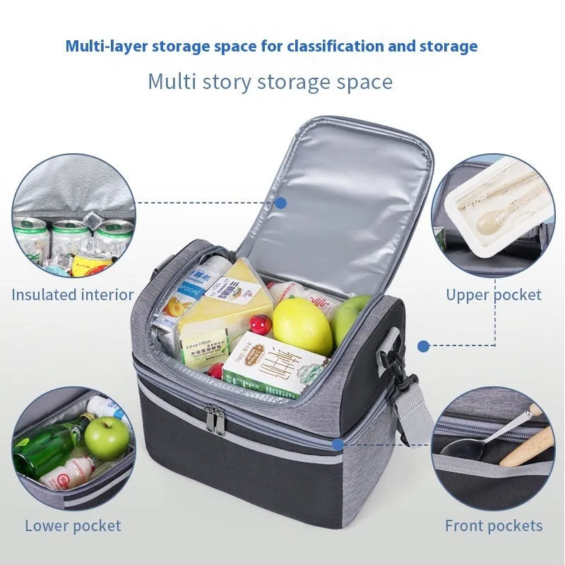 Double-layer colour matching insulated lunch bag in Oxford cloth with aluminum foil lining, black colour, portable style