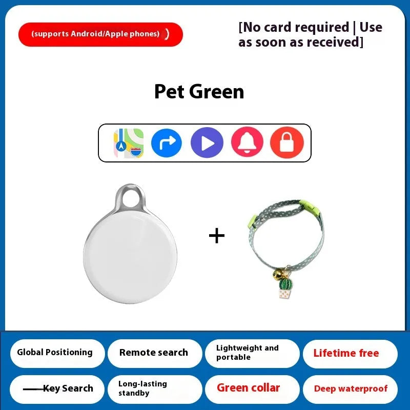 GPS pet tracking device attached to a dog collar, showing smartphone app connectivity.