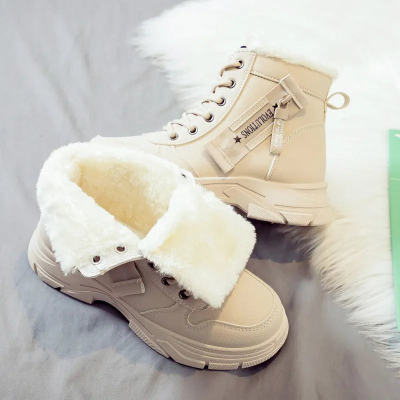 Plus size women's lace-up snow boots with fleece lining and a rubber sole.