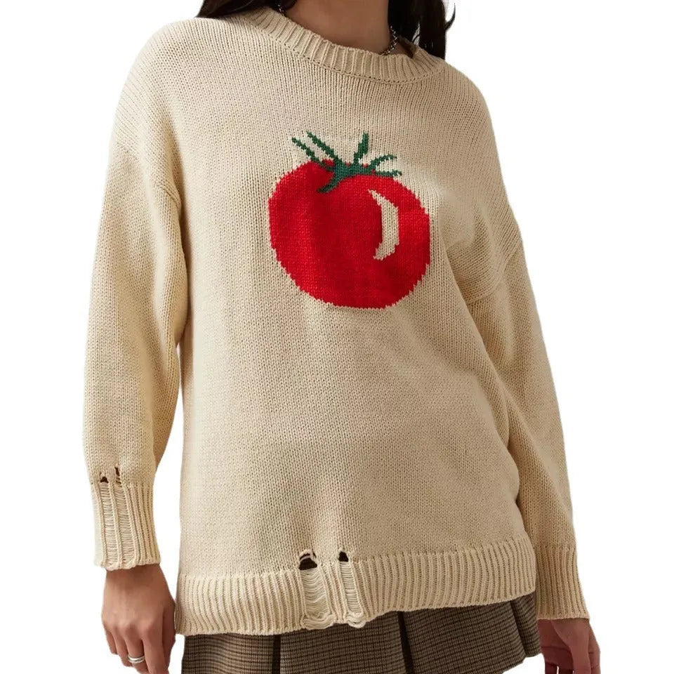 Women's milky white loose-fitting Jacquard knit sweater with round neck and long sleeves.