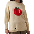 Women's milky white loose-fitting Jacquard knit sweater with round neck and long sleeves.