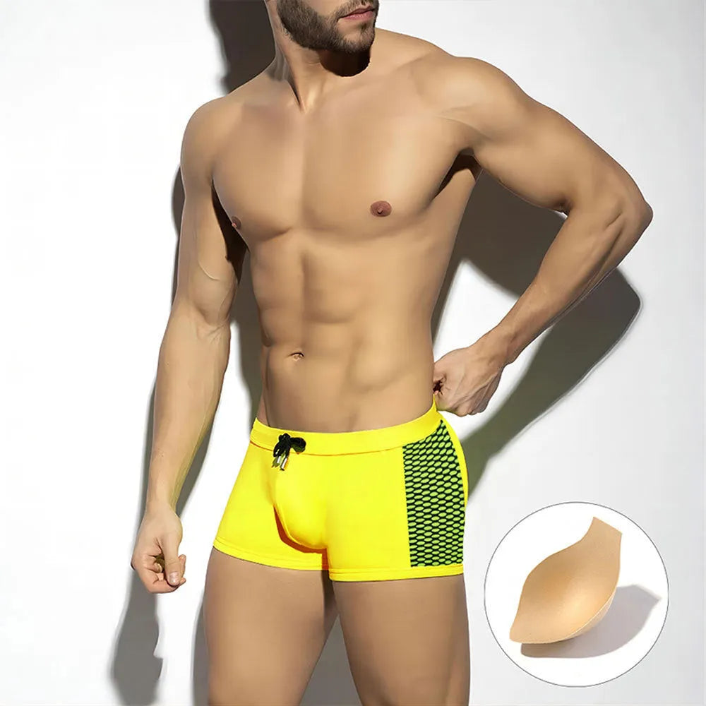Men's polka dot print swimming boxers in three colour options with quick-drying nylon fabric