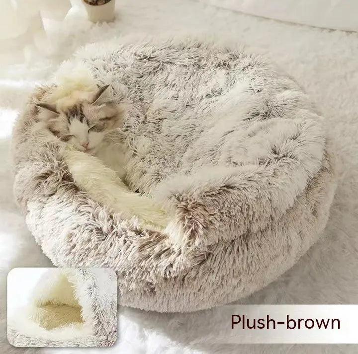 Round plush pet bed in brown for cats and small dogs, size 40cm