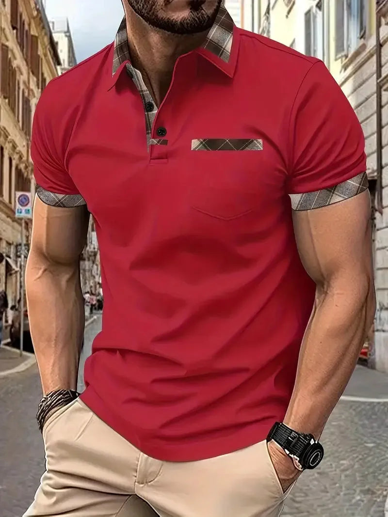 Men's colourblock plaid t-shirt with short sleeves and zipper decoration detail